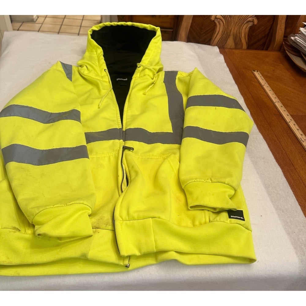 DieHard Safety Jacket Mens Large L Hi Vis Yellow Reflective Hooded Workwear